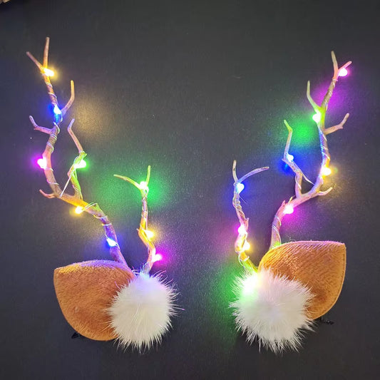 LED Christmas Antler Headwear for Women Girls Glowing Elk Horn Hair Clip Christmas Gift Elk Hairpin with Lights Navidad Decor