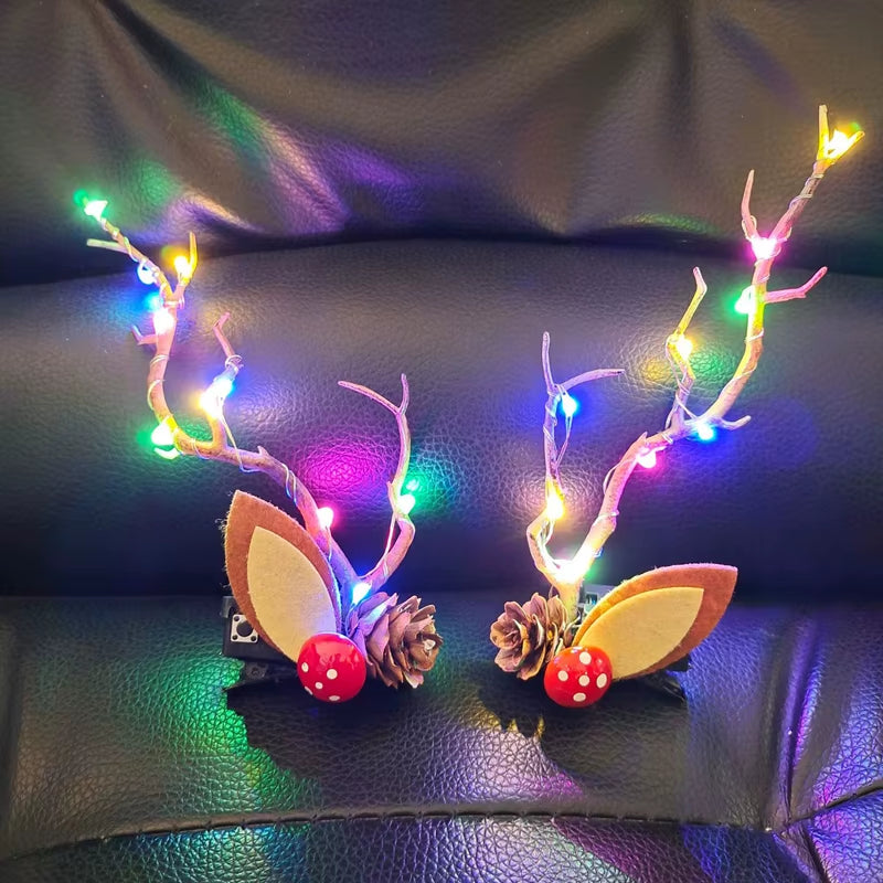LED Christmas Antler Headwear for Women Girls Glowing Elk Horn Hair Clip Christmas Gift Elk Hairpin with Lights Navidad Decor