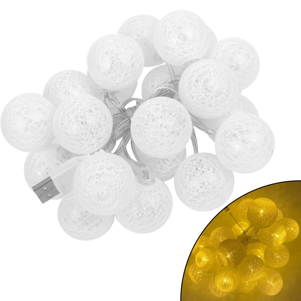 2.2M 20 LED Cotton Ball Garland Lights String Christmas Xmas Outdoor Holiday Wedding Party Baby Bed Fairy Lights Decorations